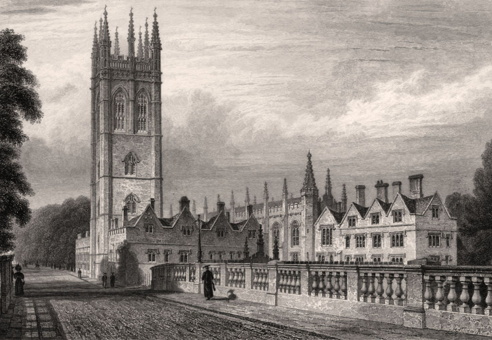 Magdalen College from the Bridge, Oxford, by John Le Keux 1837 old print
